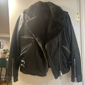 All Saints genuine leather, fur-lined moto jacket, size 4